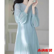 萱圖婭法式藍色百褶連衣裙女春季大碼胖mm氣質(zhì)溫柔減齡女神范中長(cháng)款裙子 圖片色 XL