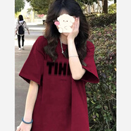 蘇愚100%純棉短袖男簡(jiǎn)約寬松百搭洋氣ins潮流情侶裝夏季上衣hiphop A3-119-TIHIK短袖-酒紅 XL