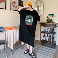 S.SOFEA韓國短袖連衣裙夏季寬松大碼過膝長款懶人居家休閑開叉裙 黑色 M