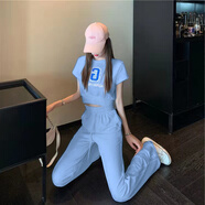 BMOI新款夏季休閑運動(dòng)套裝女士露肚臍短袖上衣+高腰闊腿褲套裝兩件套 藍色套裝【兩件套】 S 建議70-90斤