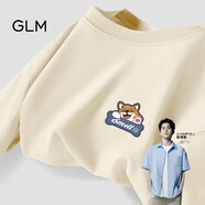 GLM敖瑞鵬代言純棉短袖t恤男青春休閑風(fēng)街頭潮搭落肩五分袖大碼T恤 【純棉】淺米#小柴犬 5XL