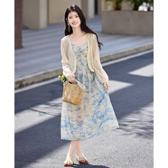 尚靜套裝裙子女夏季新款女裝氛圍感時(shí)尚印花中長(cháng)款吊帶裙鏤空外套套裝