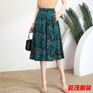 萱眸夏季薄款媽媽裙褲中老年女褲高腰闊腿褲波點(diǎn)碎花半身洋氣褲裙 孔雀藍有口袋版 XL 建議100-120斤