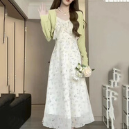 LINGSHI法式吊帶連衣裙女2025夏季新款純欲風(fēng)垂感碎花裙子夏天少女感長(zhǎng)裙 綠色開(kāi)衫+碎花裙 L （105-115斤）