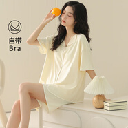 婉扣（WANKOU）帶胸墊性感睡衣女夏季綿綢2025新款輕奢高級感可外穿睡衣家居服女 星慧黃 帶胸墊短袖短褲 L 【95斤-115斤】