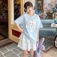 森女部落原創(chuàng  )萌趣立體卡通貓咪寬松日常休閑短袖T恤夏季新款女裝 長(cháng)款T恤（單件） （單件） S （單件）