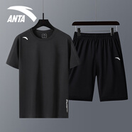 安踏（ANTA）冰絲速干運(yùn)動(dòng)套裝男2025夏季新款透氣短袖t恤男休閑健身跑步服飾 7114-10基礎(chǔ)黑【套裝】 L/175 適合120-140斤