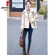 皮爾卡丹（pierre cardin）皮毛一體羊.羔毛外套女短款2025新款秋冬加厚羊羔絨機(jī)車服潮 米白色 L (110-125斤)