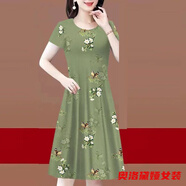 奧洛黛婭媽媽夏裝中長(cháng)款短袖連衣裙新款中老年人夏季洋氣彈力女士碎花裙子 綠 中長(cháng)款 3XL 125斤-135斤