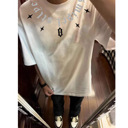 蘇愚100%純棉小眾設計潮流美式領口哥特國潮男女夏季新款寬松短袖半袖 290克-白 S 建議85-95斤