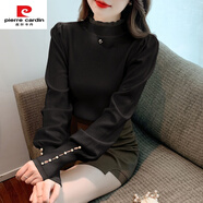 皮爾卡丹（pierre cardin）木耳半高領(lǐng)燈籠袖內(nèi)搭毛衣2025年春秋時尚洋氣純色顯瘦針織衫上衣 黑色 S 【80-95斤】