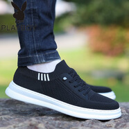 花花公子（PLAYBOY）春季新款男鞋網(wǎng)面純色飛織潮流平底透氣防臭軟底男士運動(dòng)休閑鞋男 T1042 黑色 透氣夏款 標準運動(dòng)鞋尺碼 39