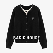 Basic House/百家好溫柔風(fēng)假兩件針織開(kāi)衫春季新款蝴蝶結軟糯上衣 黑色 L