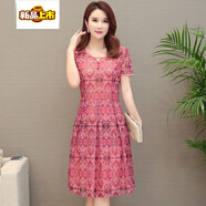 初徑夏季印花網(wǎng)紗中老年短袖雪紡連衣裙媽媽裝中長(cháng)款洋氣40-50歲女裝 西瓜紅 L 85-102斤