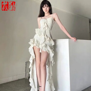 莜仙格2025夏季新款不規則吊帶連衣裙女名媛收腰拖尾裙前短后長(cháng)氣質(zhì)長(cháng)裙 不規則碎花長(cháng)裙 L 【建議 105-115斤穿】