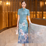 首尚格釋新中式國風(fēng)連衣裙女2025夏季新款優(yōu)雅氣質(zhì)印花短袖立領(lǐng)改良旗袍裙 藍(lán)色印花 M