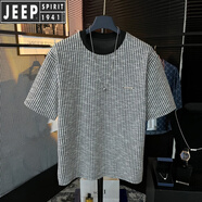 JEEP SPIRIT吉普輕奢重磅黑白鱗條紋圓領(lǐng)短袖ins潮流小繡標(biāo)男士百搭半袖T恤男 圖片色 XL 145-160斤