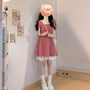 圣保美紅色格紋連衣裙女夏季2025新款小個(gè)子氣質(zhì)收腰顯瘦a字長(cháng)裙子夏天 紅色短款 M 碼