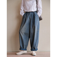知筆墨2025春款漢麻棉斜紋牛仔布酵洗顯瘦復古文藝寬松蘿卜褲牛仔褲 復古藍 L