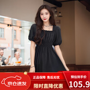 FOURDATRY法式連衣裙女夏季2025新款復古過(guò)膝收腰顯瘦長(cháng)裙子韓系穿搭 黑色 M 建議 90-105斤