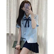 JRETjk白襯衫女學(xué)院風(fēng)制服套裝百褶裙子風(fēng)琴褶襯衫短袖收腰白襯衣女 藍色風(fēng)琴褶襯衫+紺色領(lǐng)繩 XL