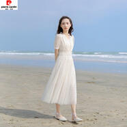 皮爾卡丹（pierre cardin）仙女裙2025新款大尺碼收腰顯瘦溫柔風(fēng)V領(lǐng)氣質(zhì)蕾絲網(wǎng)紗連衣裙夏超 短/袖杏色 3017短/袖 S
