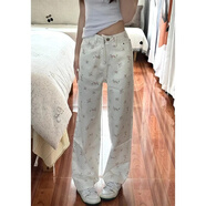 KAHTOP2025春秋新款韓版復古做舊牛仔褲女高腰寬松闊腿拖地褲長(cháng)褲潮YLM 碎花牛仔褲白色 M