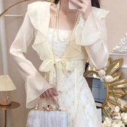 榮西圖（RONGXITU）2025夏季新款法式碎花蕾絲網(wǎng)紗吊帶連衣裙仙女仙絕美長裙兩件套 杏色披肩+吊帶(不帶項鏈) 9321 L 106-116斤