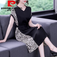 皮爾卡丹（pierre cardin）夏季新款媽m媽裝撞色過膝連衣裙女收腰顯瘦高貴氣質(zhì)印花短袖a字裙 黑色 優(yōu)質(zhì)面料今年流行的輕奢品 L 105斤內(nèi)