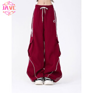 JAVC美式復(fù)古嘻哈工裝褲街舞闊腿抽繩女寬松新款顯瘦休閑運(yùn)動(dòng)褲長(zhǎng)褲女 紅色 2XL 建議 120-135斤