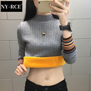 NY-RCE半高領(lǐng)加絨毛衣打底衫女新款秋冬女士加厚保暖修身內(nèi)搭針織衫 灰色(彩色袖) 加絨 S