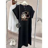 麥士豆2025新款純棉短袖t恤裙女韓版寬松休閑大碼小飛袖連衣裙長(cháng)裙夏季 黑色（眼鏡米奇） L