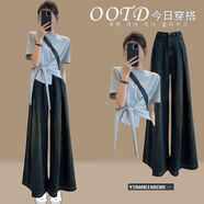 韋戒女裝套裝夏季 高級感女2025新款韓版時(shí)尚設計感綁帶上衣高腰闊腿 灰色上衣+深藍色牛仔褲【兩件套】 S  【建議80-95斤】