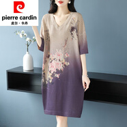 皮爾卡丹（pierre cardin）胖mm特大碼300斤遮肉仿蠶絲連衣裙女夏季中長(zhǎng)款寬松V領(lǐng)冰絲針織裙 A款 L 小碼