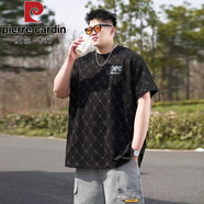 皮爾卡丹胖子短袖T恤寬松潮牌大碼男裝夏季新款老花休閑加肥加大半袖套頭 PZ148黑色【純棉高質(zhì)量】 4XL 【建議180-200斤】