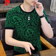 皮爾卡丹（pierre cardin）植絨印花冰絲t恤男短袖夏季潮流歐貨金絲絨圓領(lǐng)體恤重工半袖上衣 5018綠色 L 110-125斤