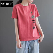 NY-RCE短袖T恤女寬松2025新款夏季大碼時(shí)尚半袖印花韓版休閑打底上衣潮 西瓜紅 L 110-120斤