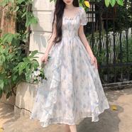 S.SOFEA法式方領(lǐng)碎花雪紡連衣裙顯瘦仙女長(cháng)裙夏季大碼氣質(zhì) 藍色 L