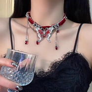 早紀(jì)（ZAOJI）甜酷風(fēng)辣妹皮繩短款項(xiàng)圈女小眾choker頸鏈歐美風(fēng)感項(xiàng)鏈批發(fā) X3621-紅絲絨流蘇項(xiàng)鏈