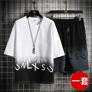 鑫羅圣保冰絲運(yùn)動(dòng)套裝男士夏季新款潮流印花T恤大碼休閑短袖短褲兩件套 TZ07白色短褲套裝 2XL 建議130-145斤