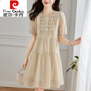 皮爾卡丹（pierre cardin）樹莓色泡泡袖a字版連衣裙女夏2025新款小個(gè)子寬松娃娃裙顯瘦網(wǎng)紅 卡其色 2XL