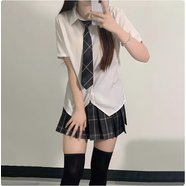 拉曼咔原創(chuàng)jk制服裙正版西裝外套秋冬季新款學院風鉗色西服套裝三件套女 煙灰格裙+短袖襯衫+領帶絲襪 S 【推薦70~90斤】