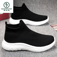 啄木鳥(niǎo)超輕超軟爆米花踩屎感無(wú)鞋帶一腳蹬運動(dòng)休閑襪子鞋泡沫底飛織男鞋 黑白真爆軟底 43