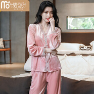 莫代爾金絲絨睡衣女春秋性感長(cháng)袖套裝純色蕾絲韓國開(kāi)衫季家居服兩件套 789 粉色 M 建議體重80-100斤