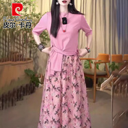 皮爾卡丹時尚套裝裙女2025夏季新款洋氣寬松顯瘦收腰短袖T恤半身裙兩件套 粉色套裝 XL