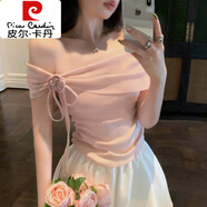 皮爾卡丹（pierre cardin）一字肩法式花朵短袖t恤女夏季純欲甜辣妹露肩掛脖小上衣別致絕美 粉紅 均碼