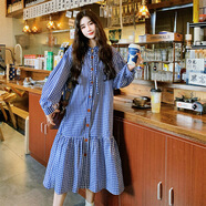 XCFREHT森系小清新藍色格子長(cháng)袖連衣裙女春季學(xué)生新款日系文藝小個(gè)子長(cháng)裙 格子 S