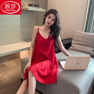 浪莎（LangSha）大碼吊帶睡裙微透蕾絲紗胖MM睡裙200斤女士夏季性感棉睡衣家居服 紅色 8610(有胸墊) 5XL 雪紡柔滑176至185斤
