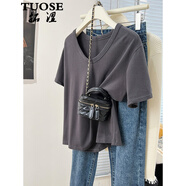拓澀（TUOSE）灰色純棉正肩v領(lǐng)短袖t恤女夏季設計感小眾打底衫內搭體恤寬松上衣 碳灰 S