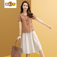 初徑棉麻時(shí)尚套裝裙2025夏裝新款女裝短袖圓領(lǐng)亞麻兩件 淺藍 M 建議【80-100】